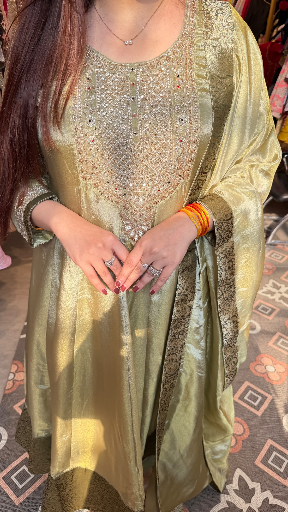 Silk Anarkali Suit with Antique Gold Embroidery