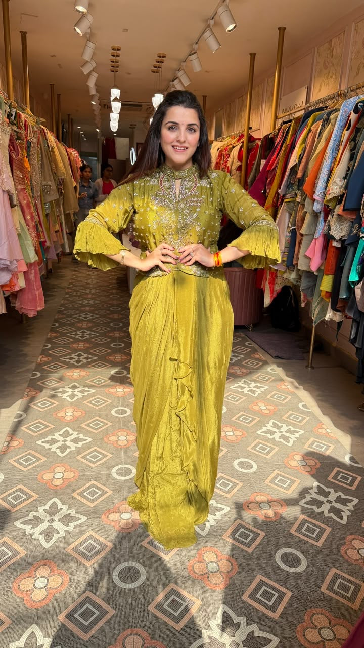 Pre-Draped Saree with Embroidered Blouse