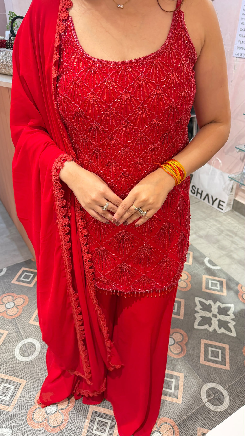 Red Embroidered Kurta Palazzo Set with Matching Dupatta