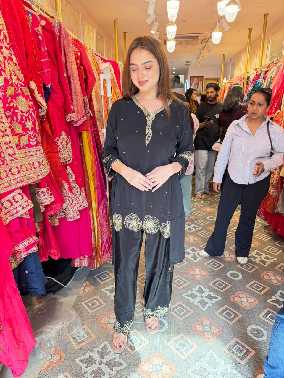 Elegant Black Charcoal Embroidered Straight-Cut Suit Set