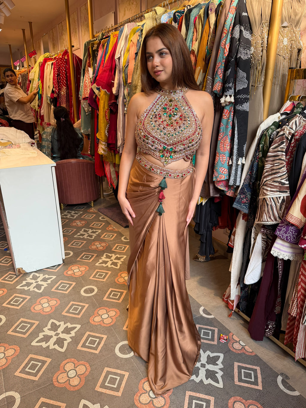 Embellished Halter-Neck Crop Top with Draped Palazzo Pants