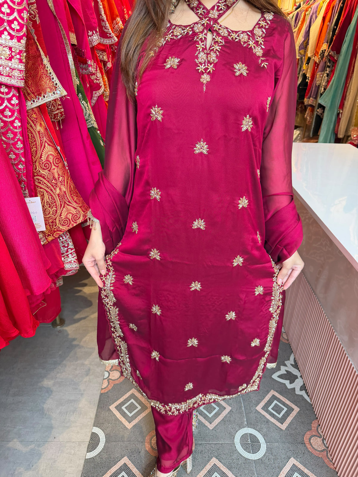 Wine Magenta Embroidered Straight-Cut Suit Set