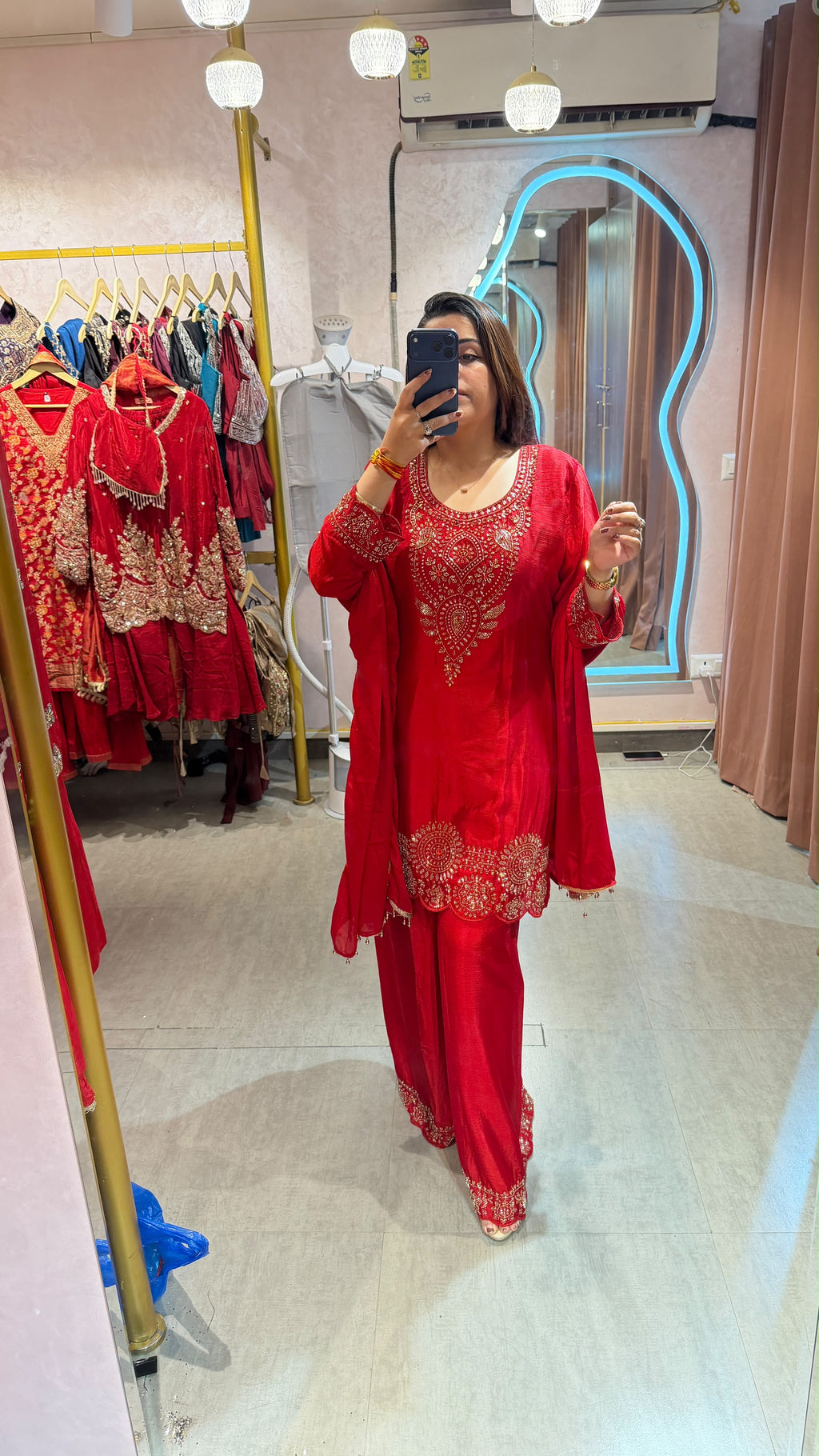 Red Embroidered Straight Kurta with Palazzo Pants & Dupatta