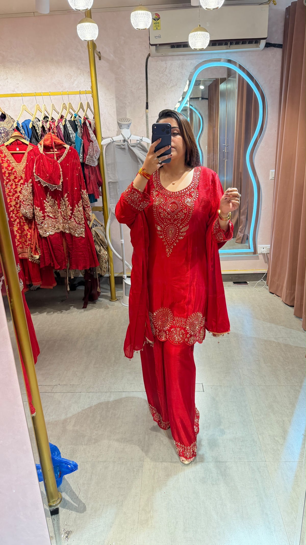 Red Embroidered Straight Kurta with Palazzo Pants & Dupatta