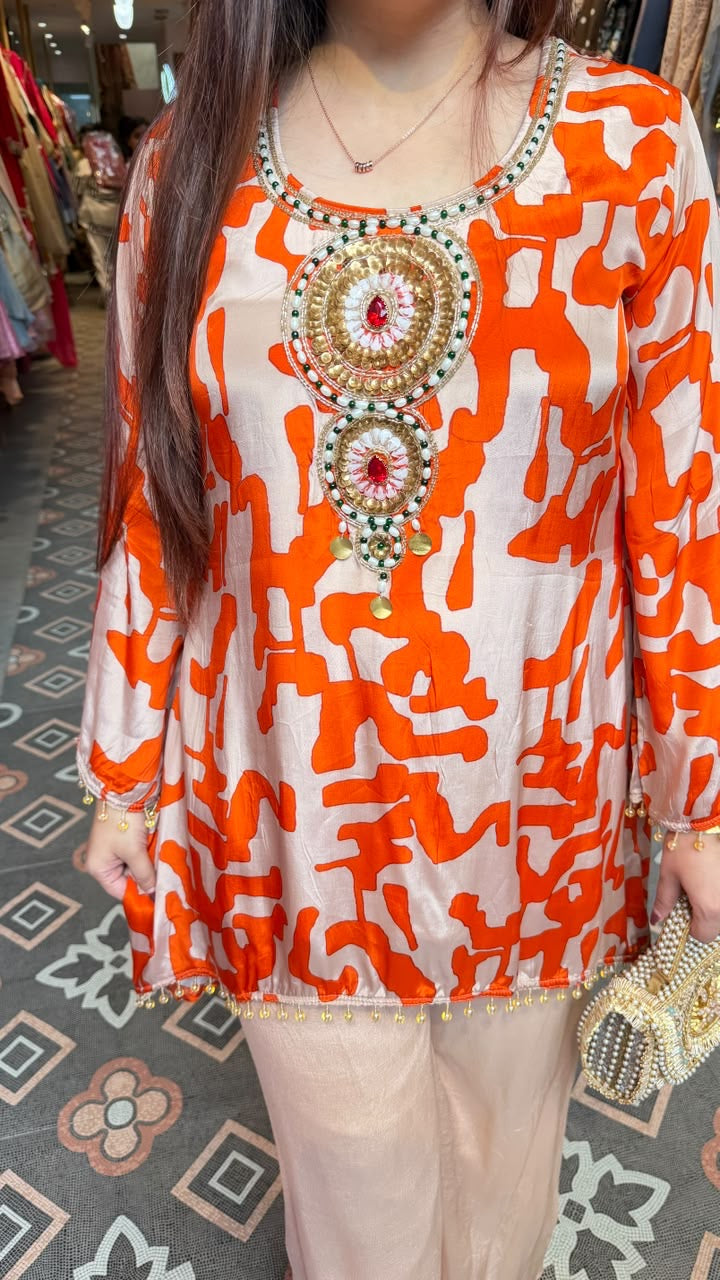 Orange & Peach Printed Short Kurta with Straight Pants Set