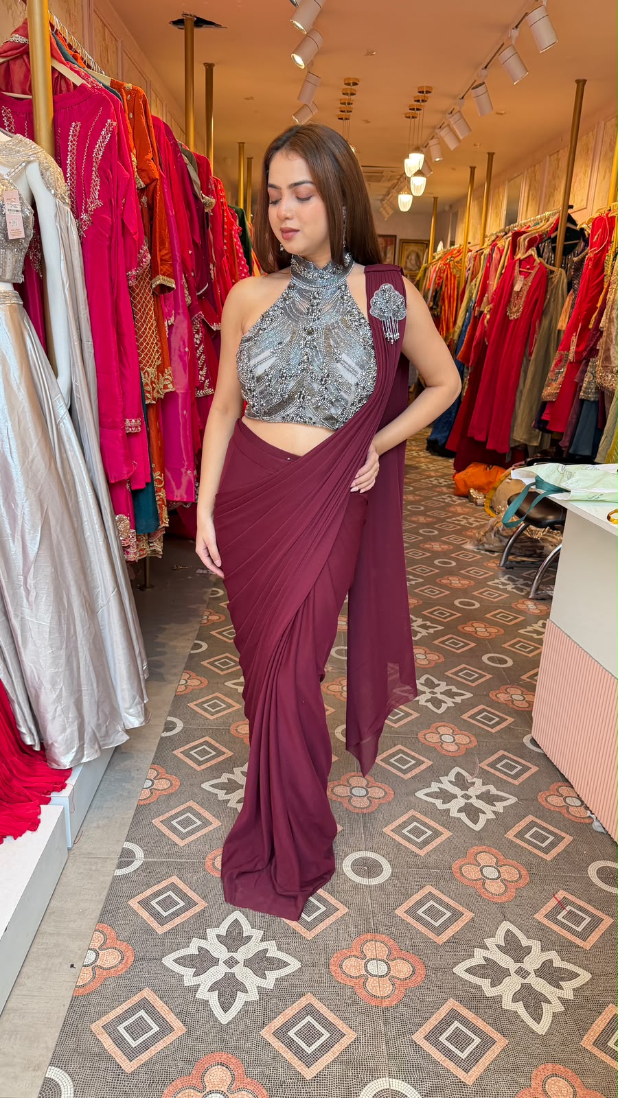 Pre-Draped Saree with Silver Crystal Embellished Halter-Neck Blouse