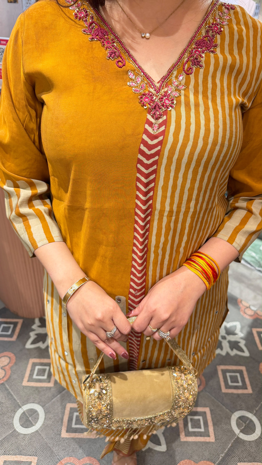 Mustard Yellow Striped Printed Kurta Pant Set