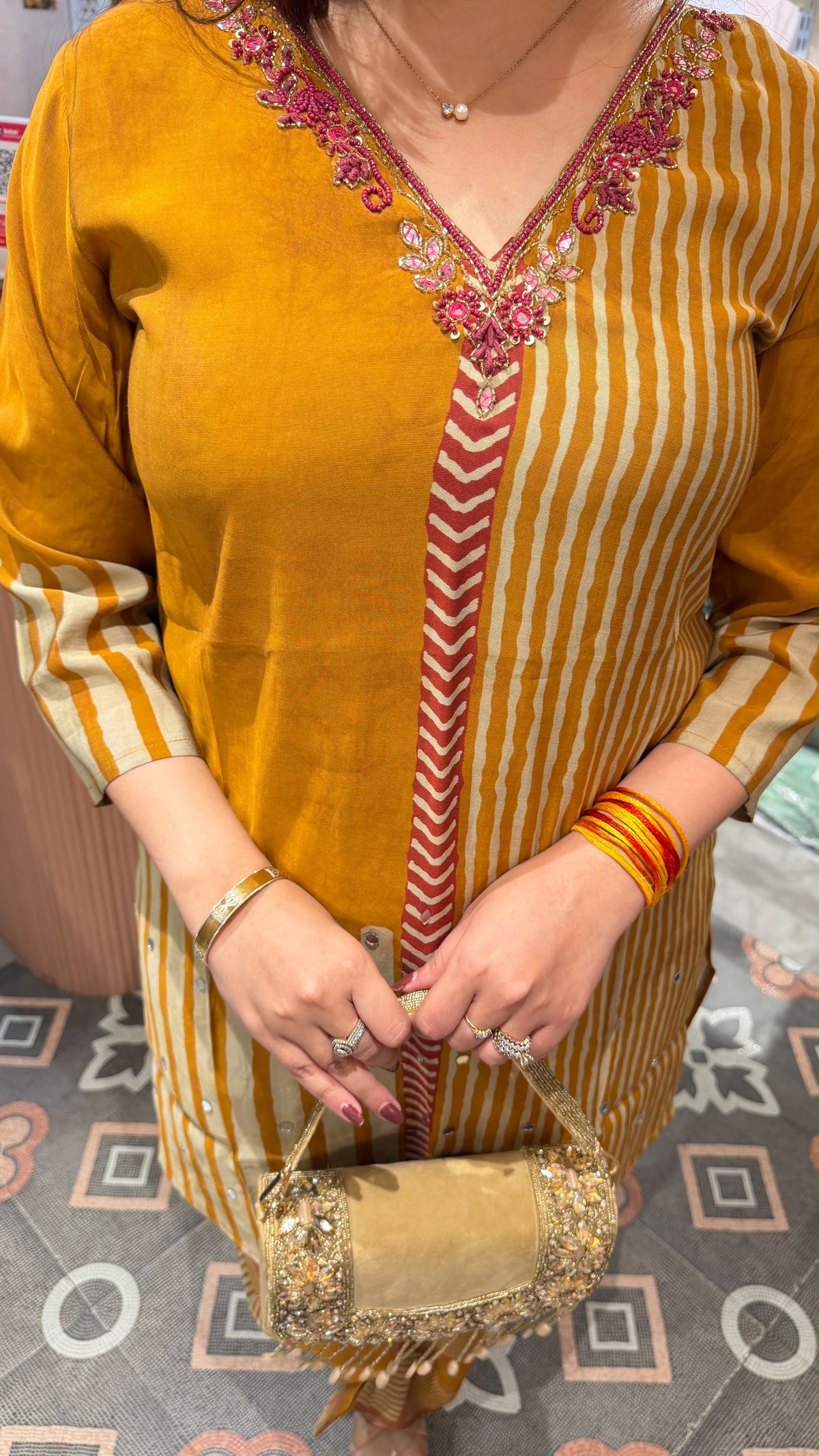 Mustard Yellow Striped Printed Kurta Pant Set