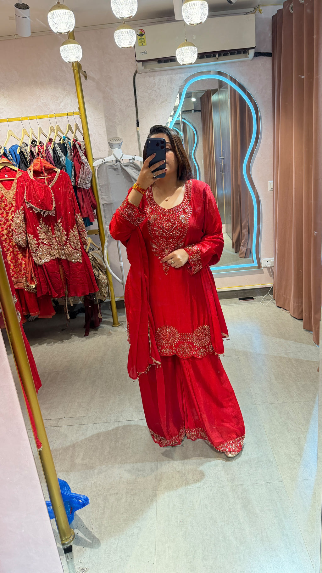 Red Embroidered Straight Kurta with Palazzo Pants & Dupatta