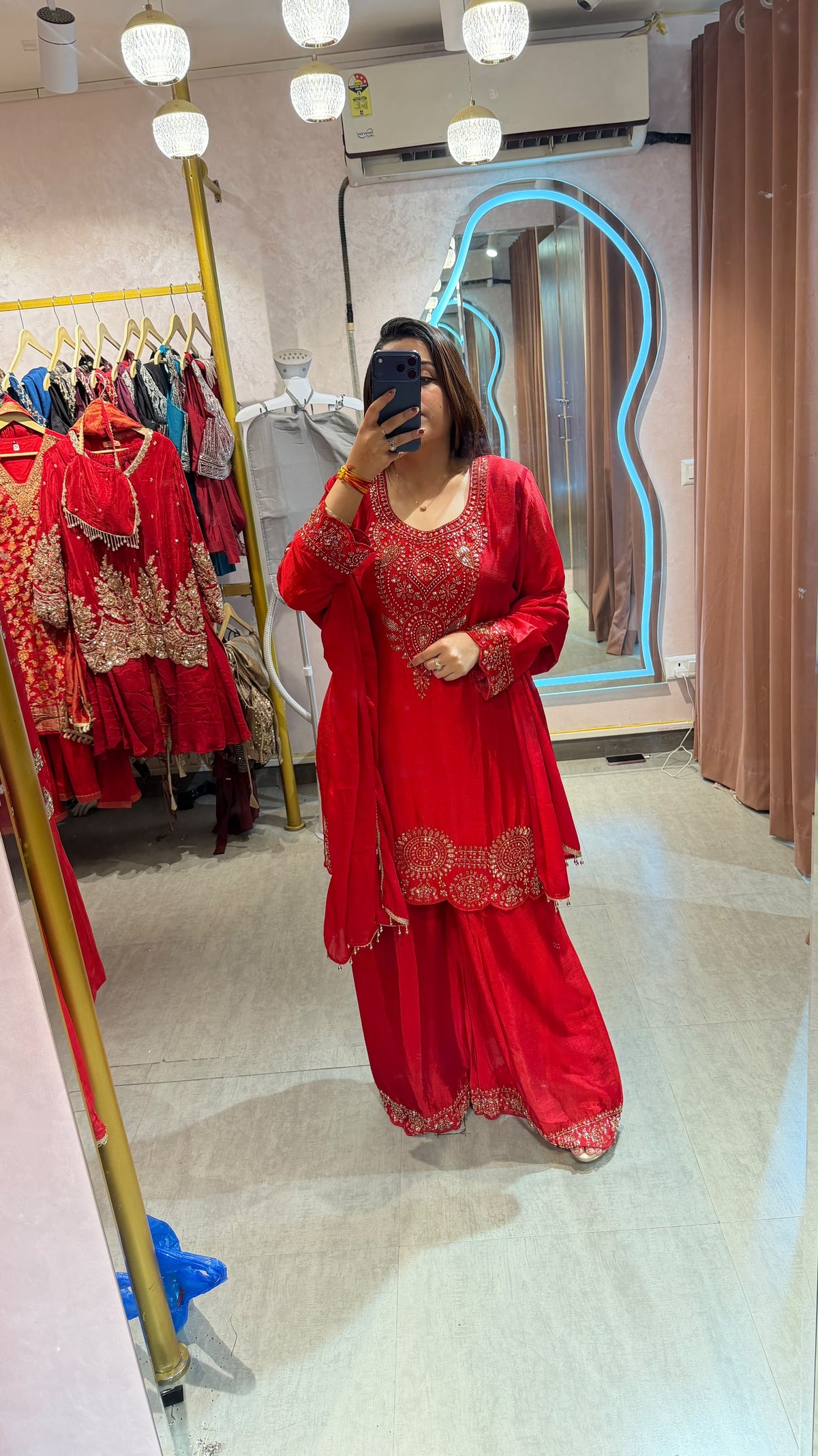 Red Embroidered Straight Kurta with Palazzo Pants & Dupatta