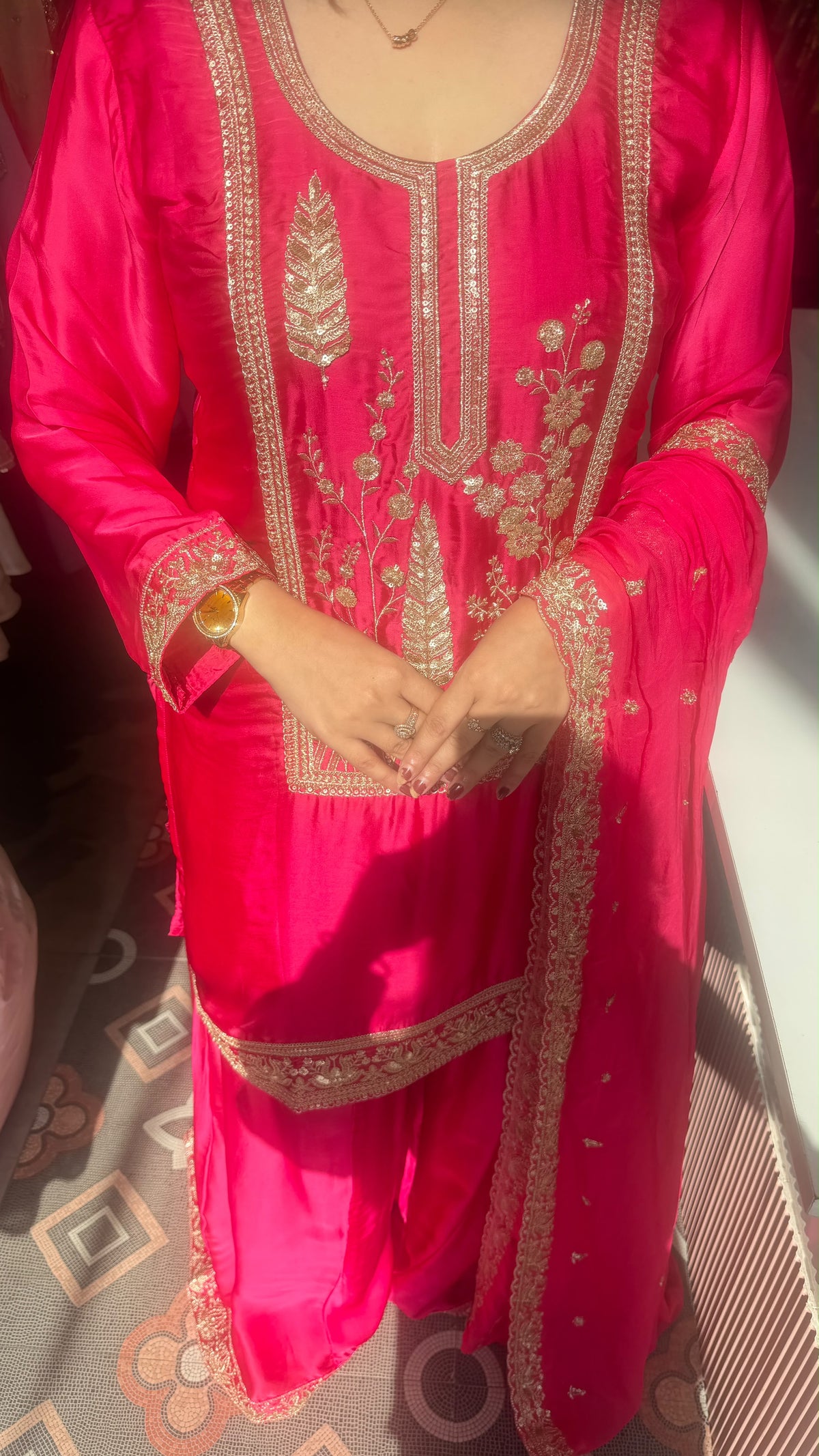 Hot Pink Silk Straight Kurta with Palazzo