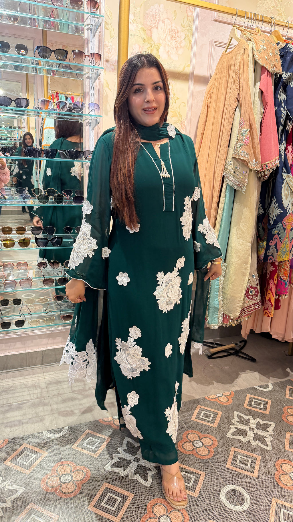 Emerald Green Floral Appliqué Kurta Set with Dupatta