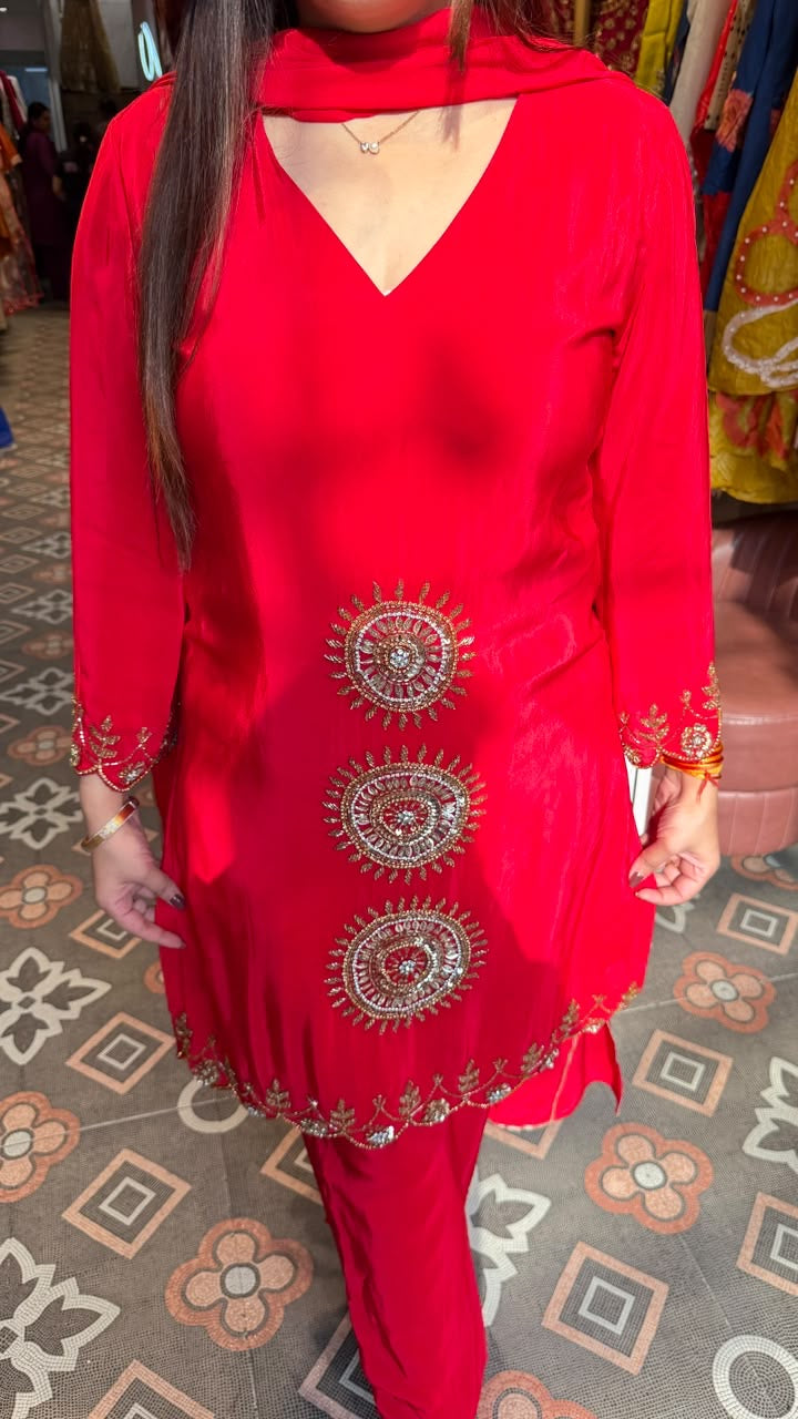 Embroidered Straight-Cut Kurta with Cigarette Pants & Dupatta