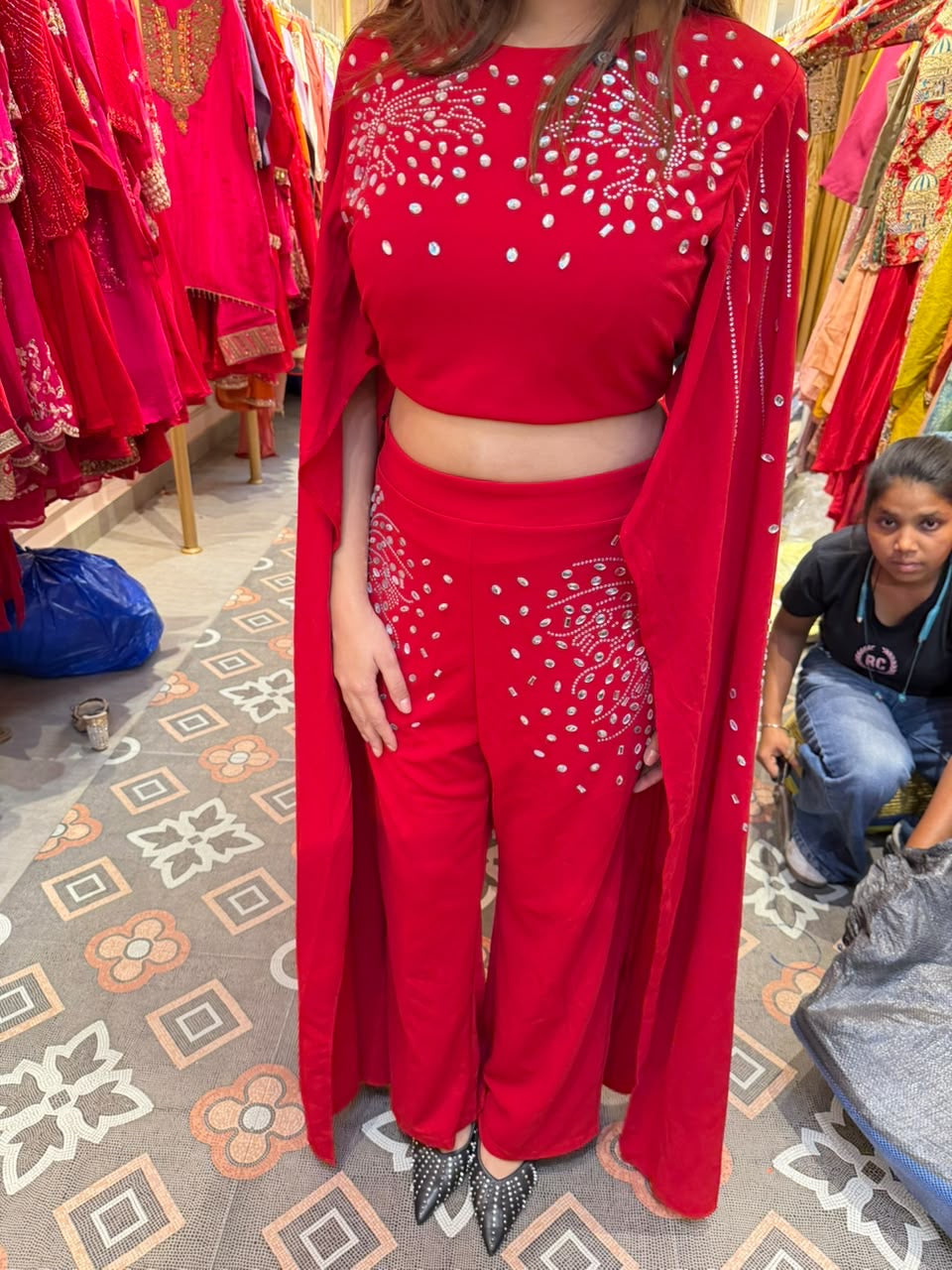 Stylish Embroidered Crop Top with Pant & Cape Indo-Western Co-Ord Set