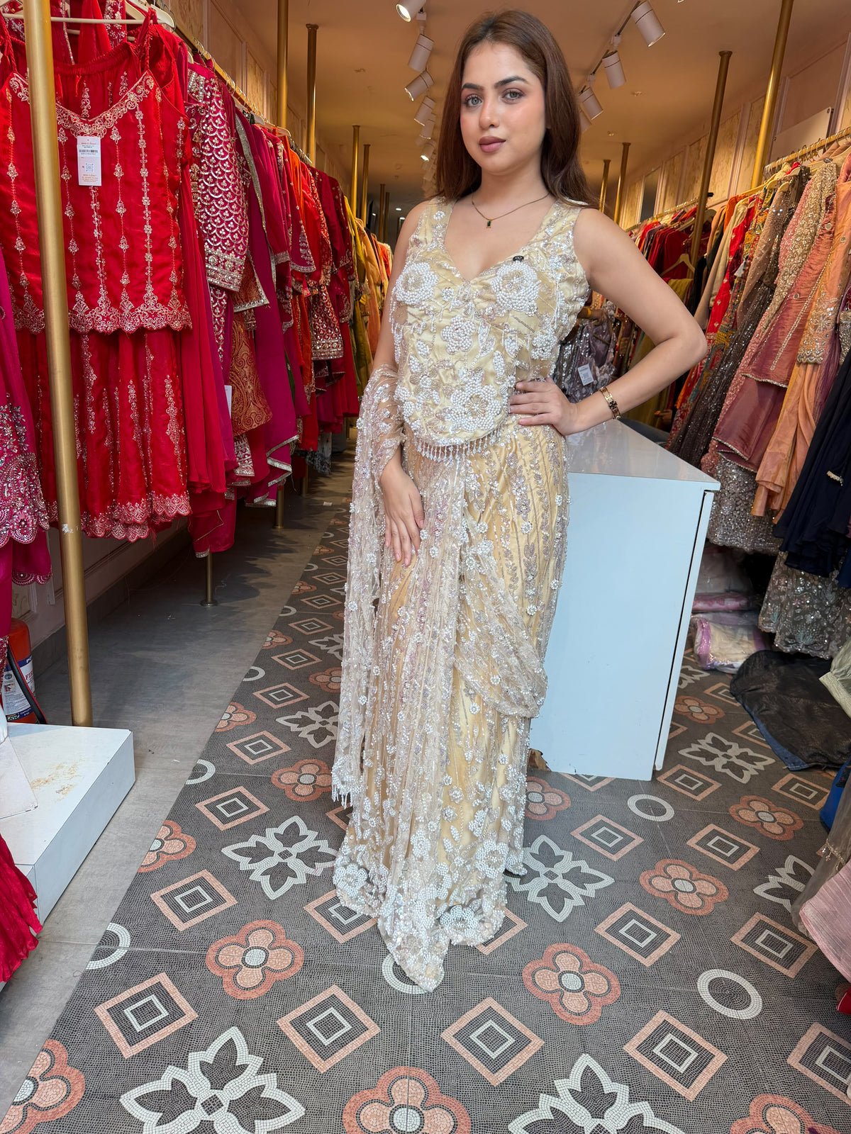 Luxury Champagne Gold Embellished Mermaid Gown with Sheer Dupatta