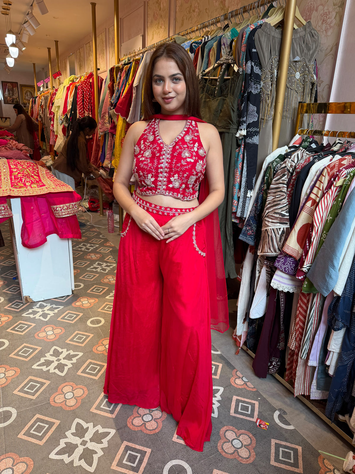 Hot Pink Embroidered Halter-Neck Crop Top & Palazzo Set with Dupatta