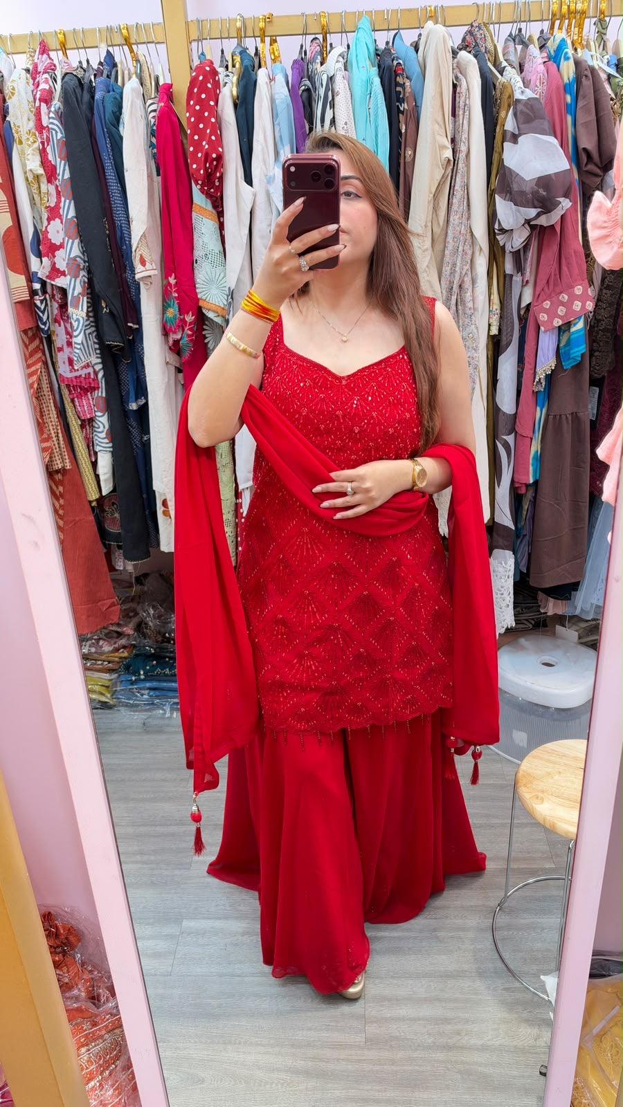 Red Embroidered Sharara Suit with Sleeveless Kurti and Dupatta