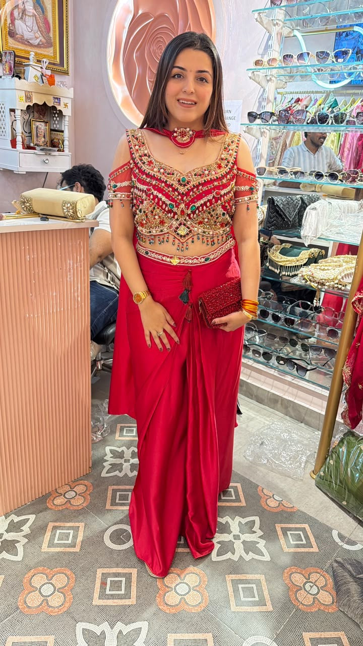 Red Embellished Cold-Shoulder Crop Top with Draped Palazzo Pants