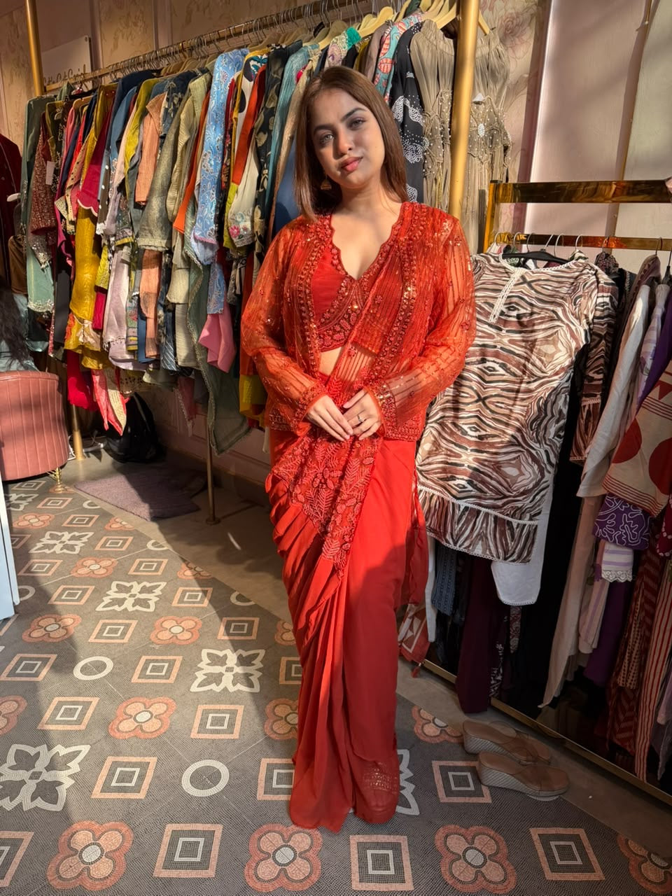 Coral Draped Saree with Embroidered Blouse & Jacket