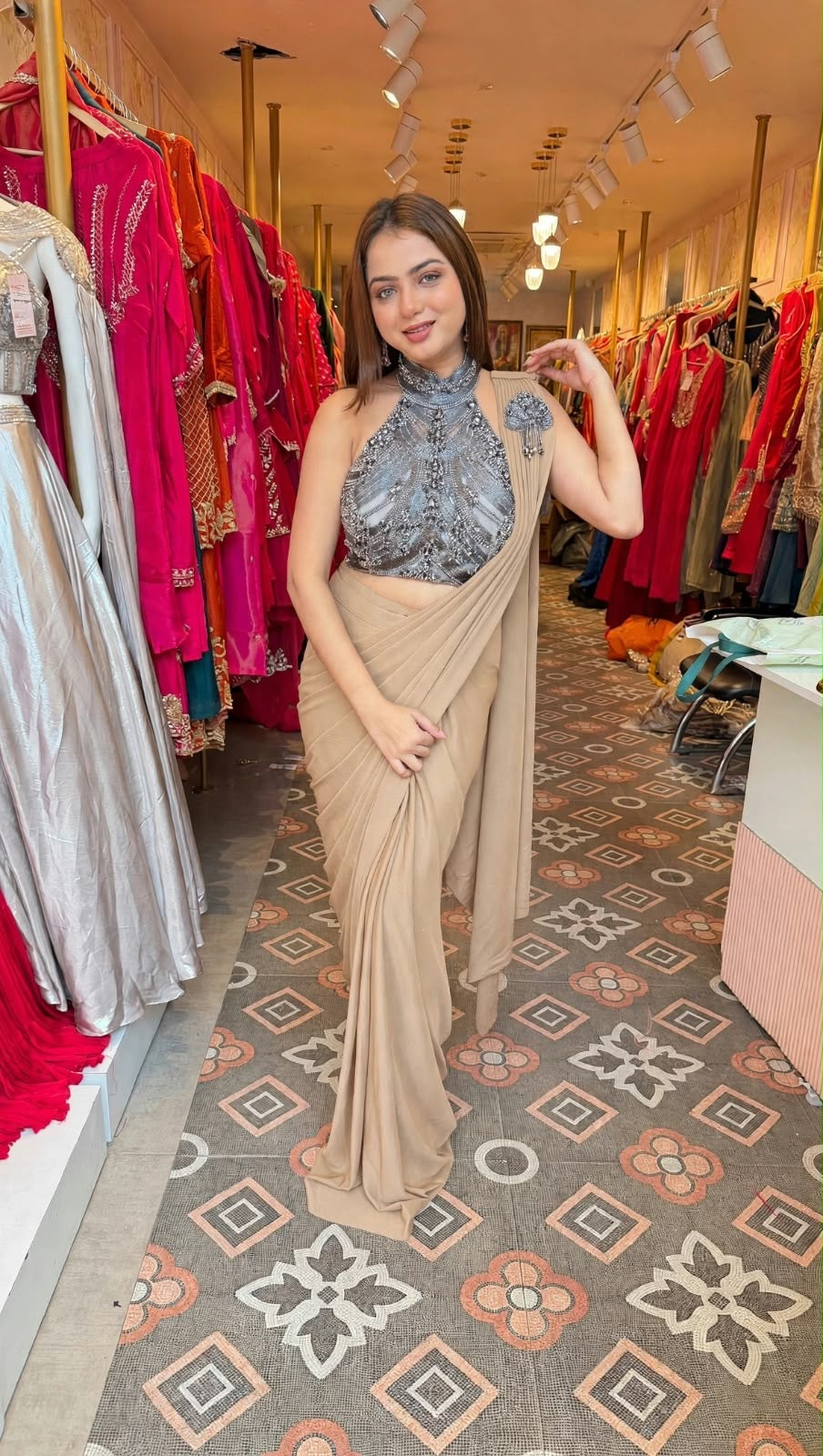 Pre-Draped Saree with Silver Crystal Embellished Halter-Neck Blouse