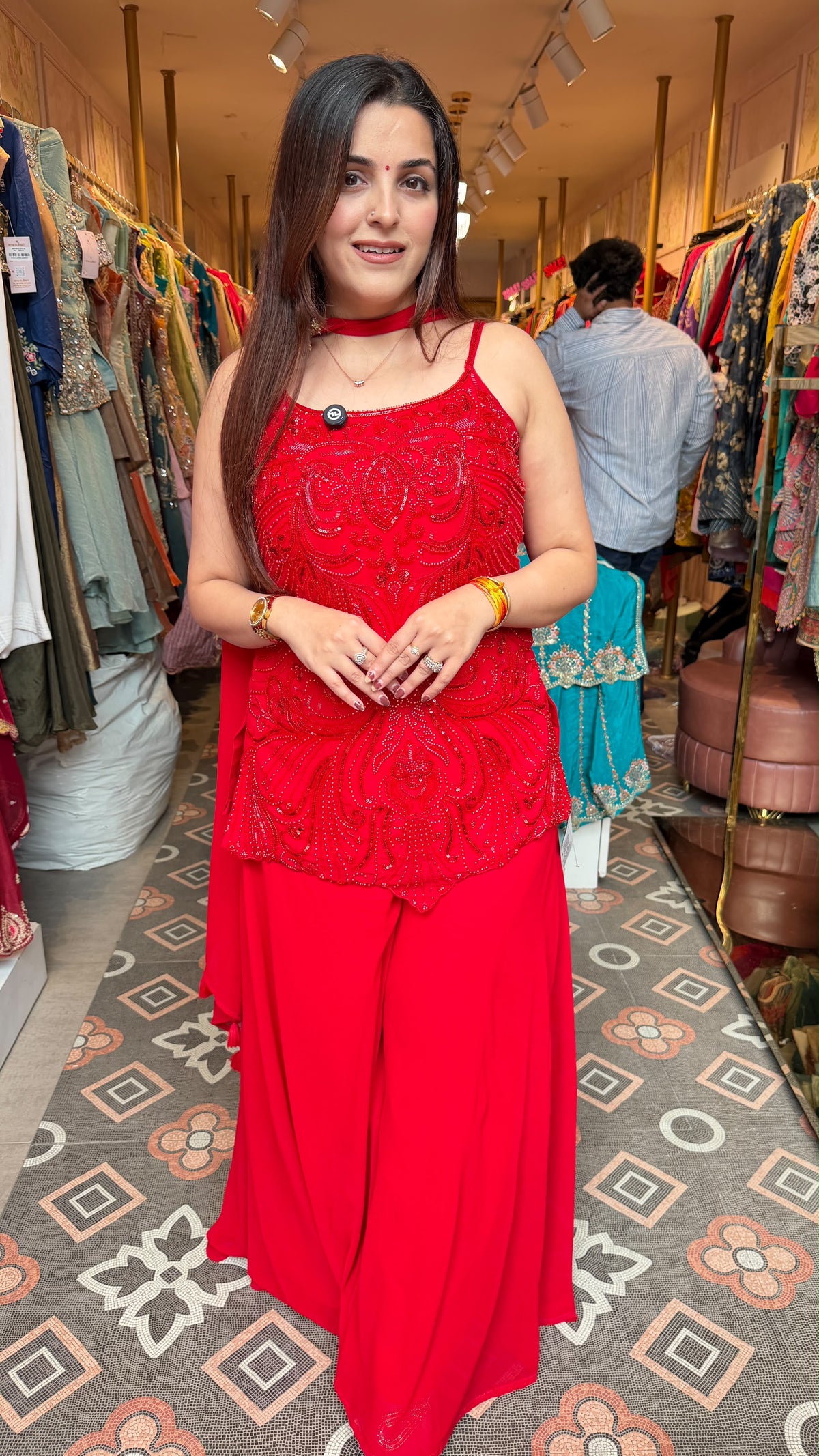 Red Embellished Peplum Palazzo Co-ord Set