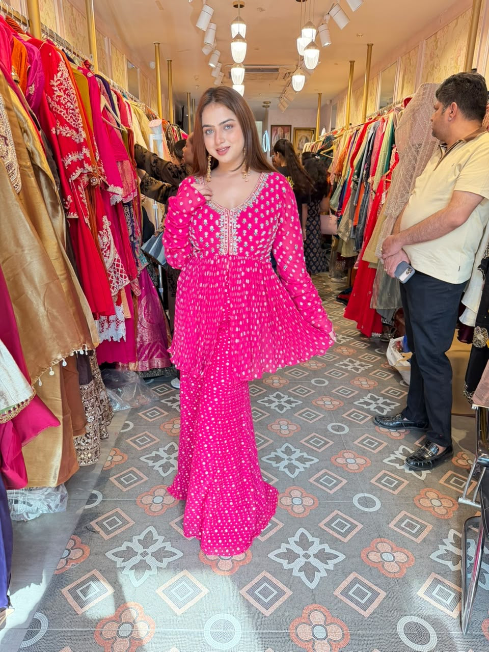 Hot Pink Embroidered Peplum Sharara Suit