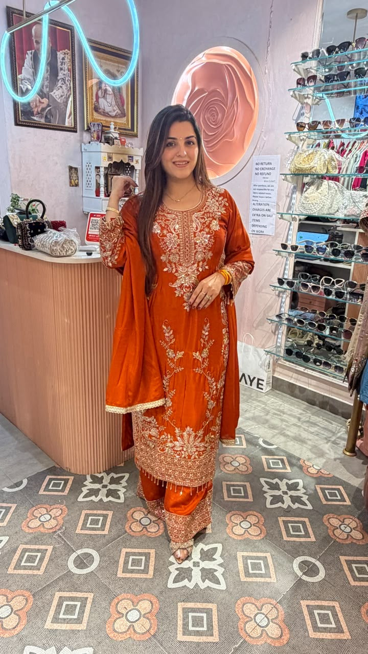 Embroidered Straight Kurta with Palazzo Pants & Dupatta