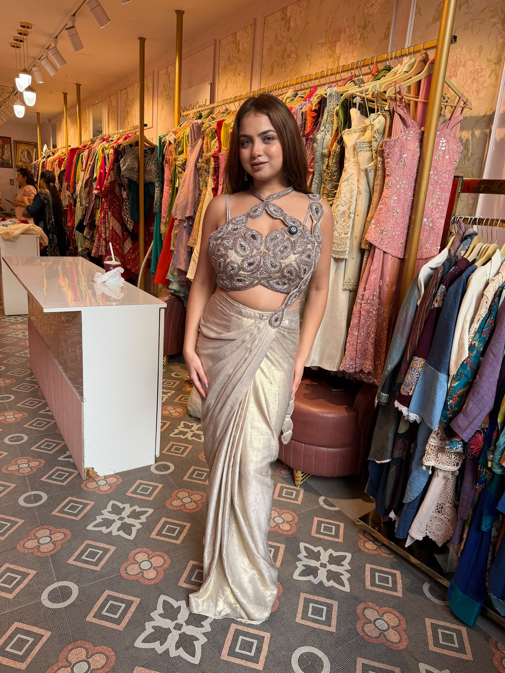 Silver Champagne Draped Saree with Embellished Halter-Neck Blouse