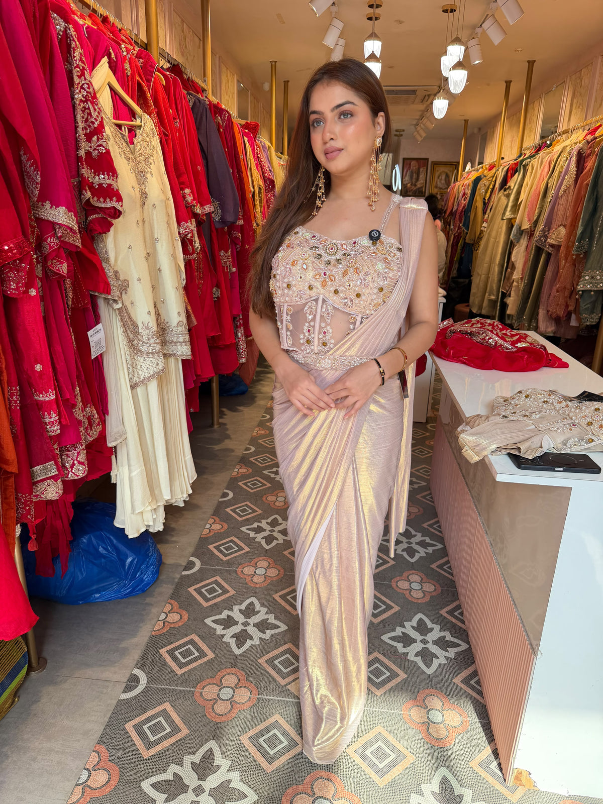 Gold Pre-Draped Saree with Embellished blouse
