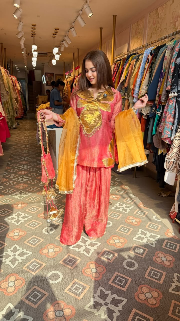 Peplum Kurta with Flared Pants & Organza Dupatta Set