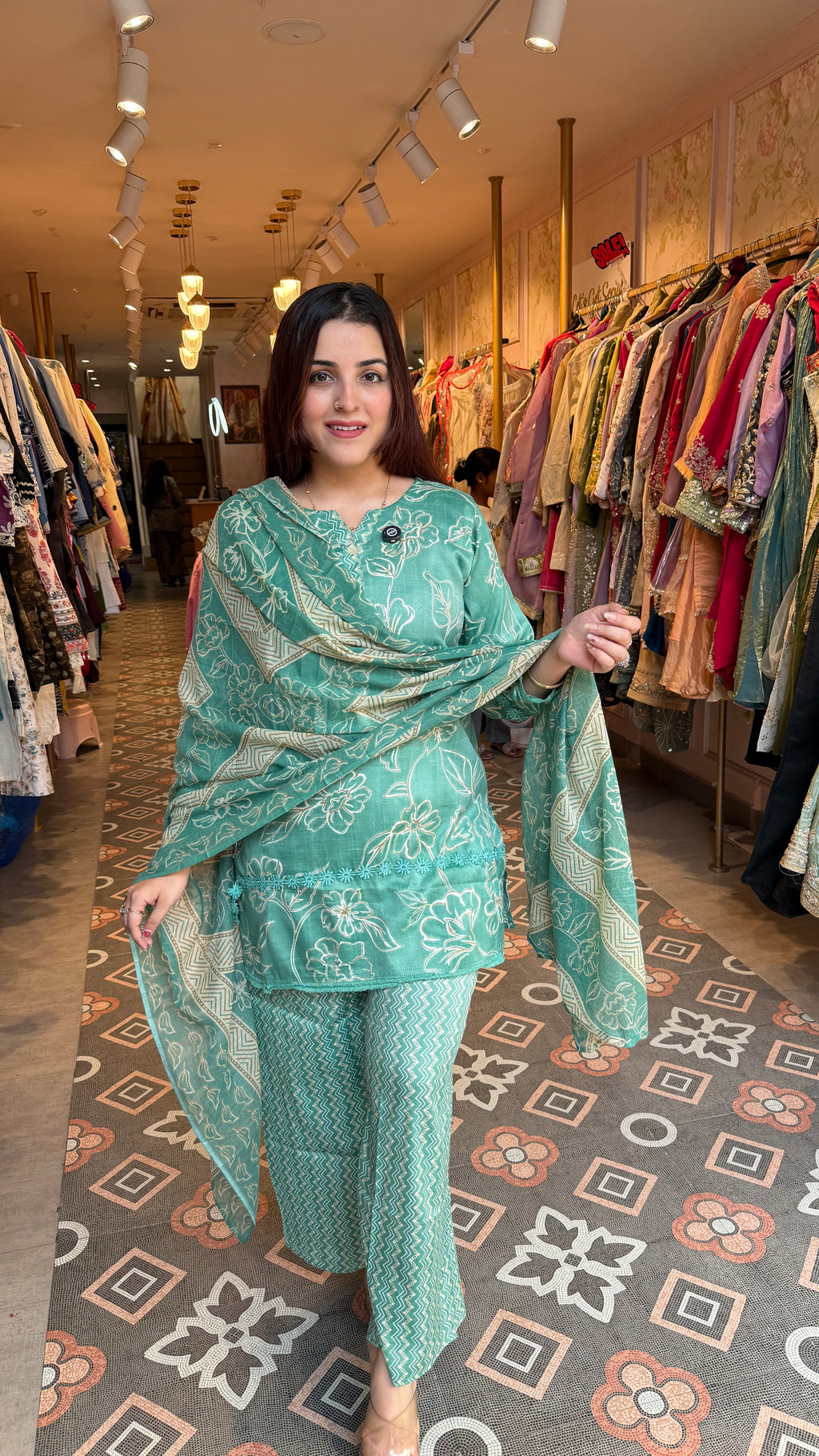 Sea Green Floral Printed Suit Set with Dupatta