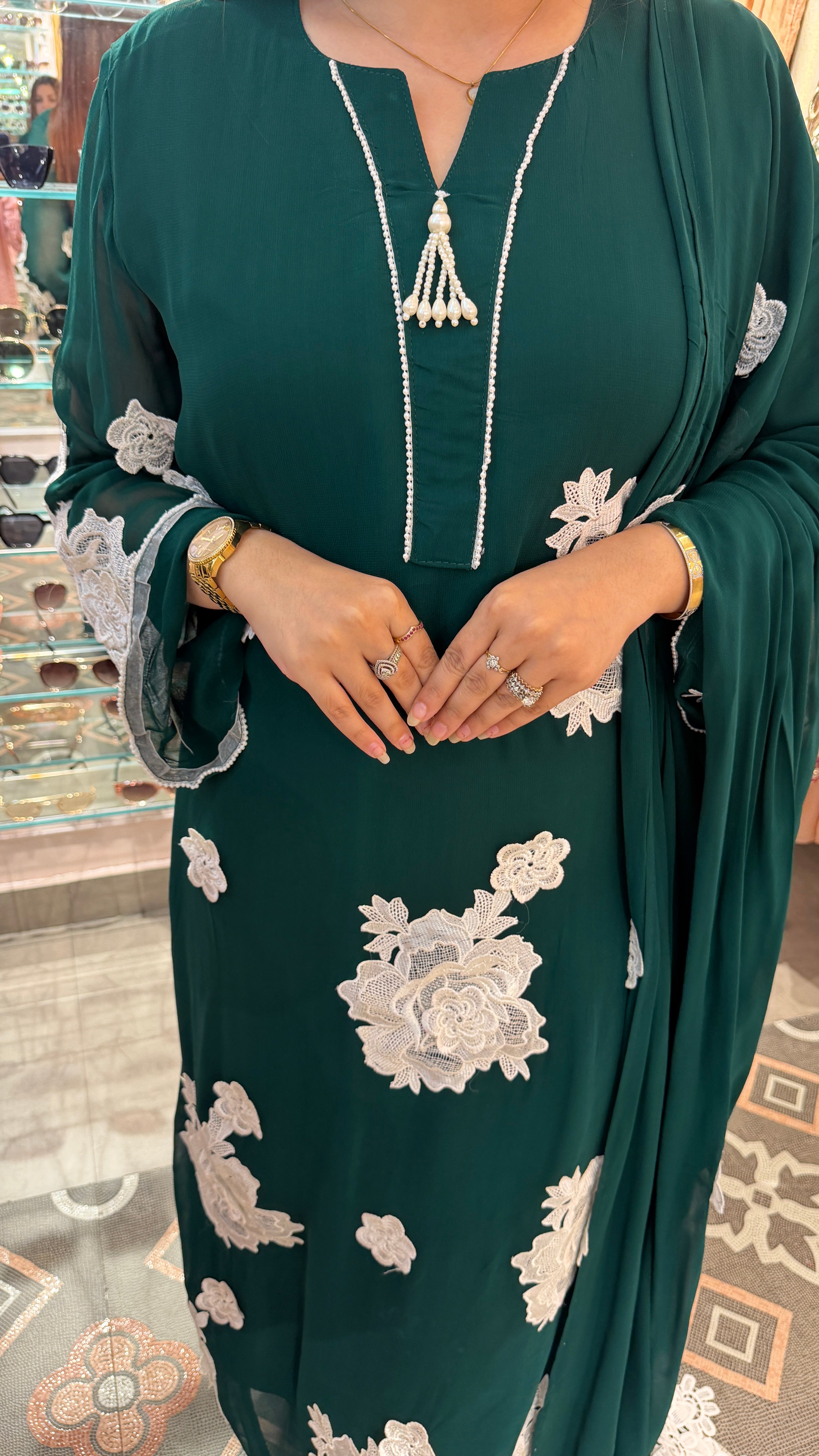 Emerald Green Floral Appliqué Kurta Set with Dupatta