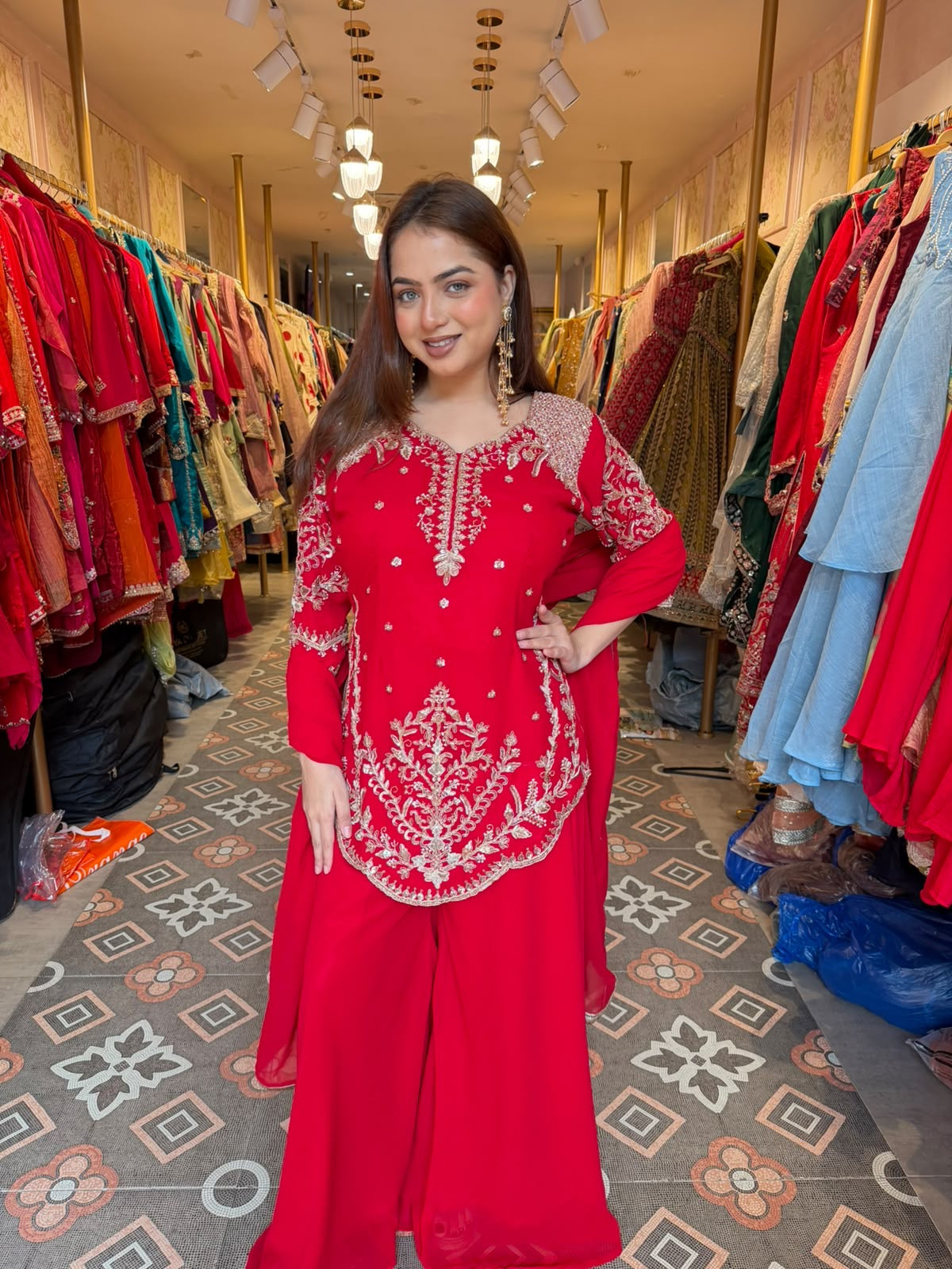 Elegant Red Embroidered Straight-Cut Suit with Sharara