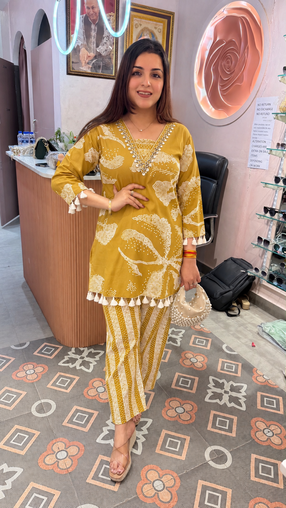 Printed Kurta with Straight Pants & Tassel Detailing