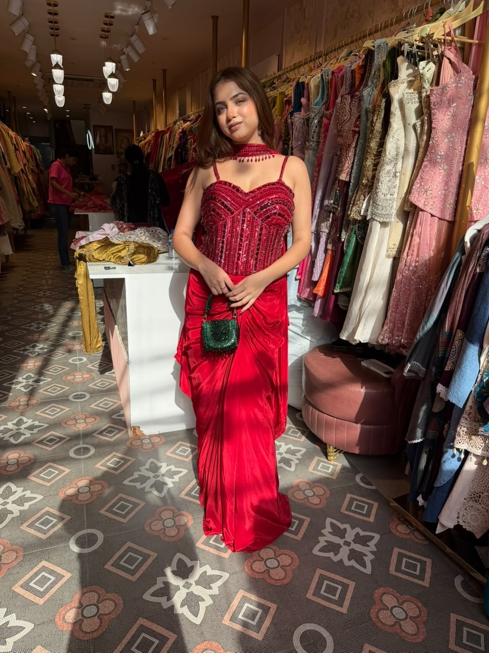 Red Sequin Corset Top with Draped Skirt