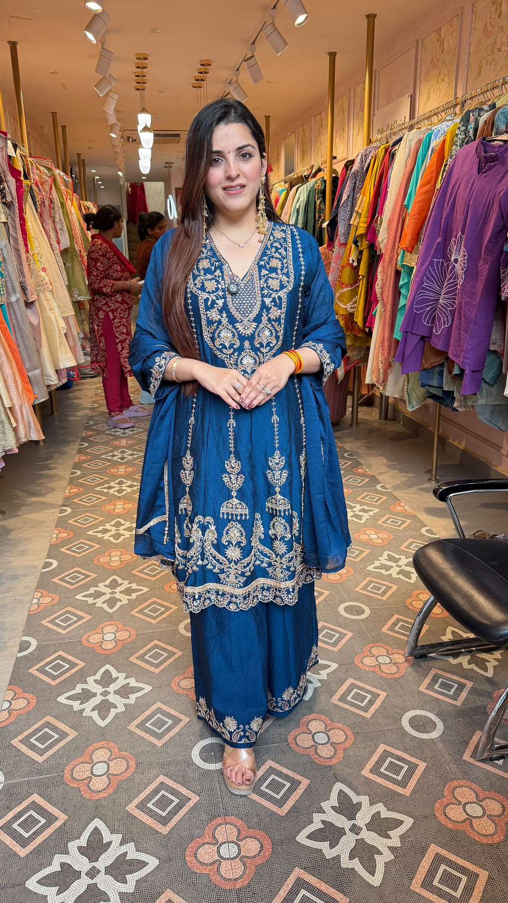 Navy Blue Embroidered Anarkali Kurta Set with Palazzo Pants