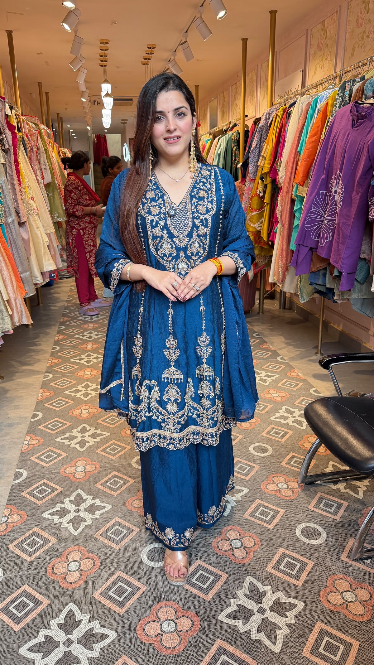 Navy Blue Embroidered Anarkali Kurta Set with Palazzo Pants