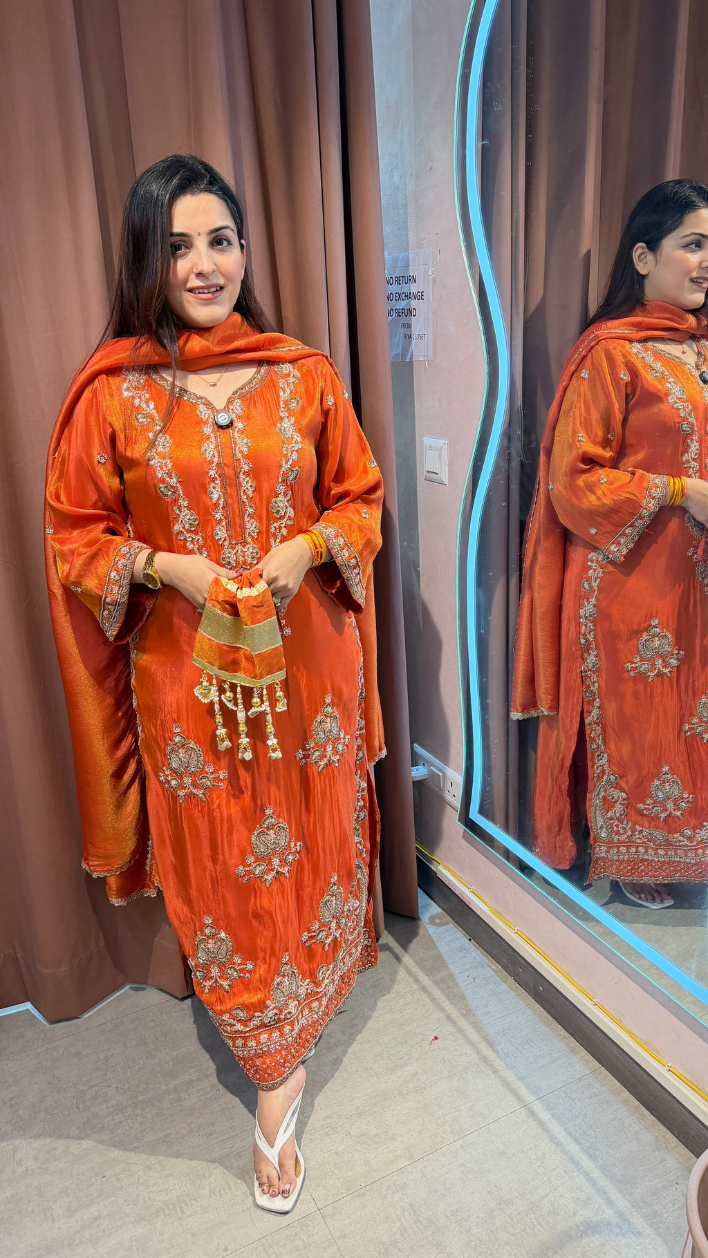 Orange Straight-Cut Embroidered Kurta Set with Dupatta