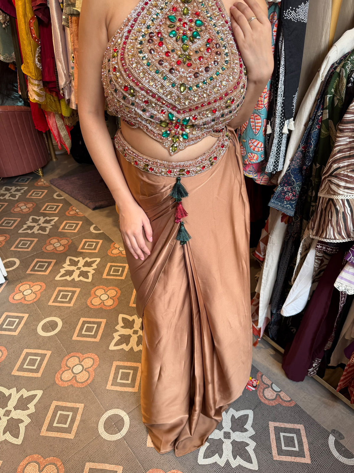 Embellished Halter-Neck Crop Top with Draped Palazzo Pants