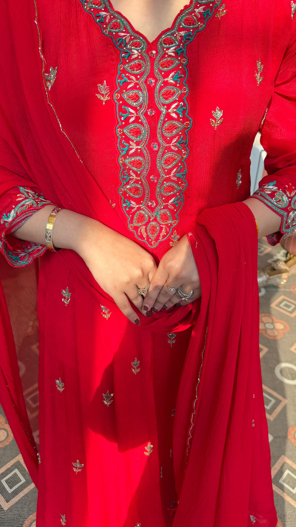 Red Embroidered Anarkali Suit with Chiffon Dupatta
