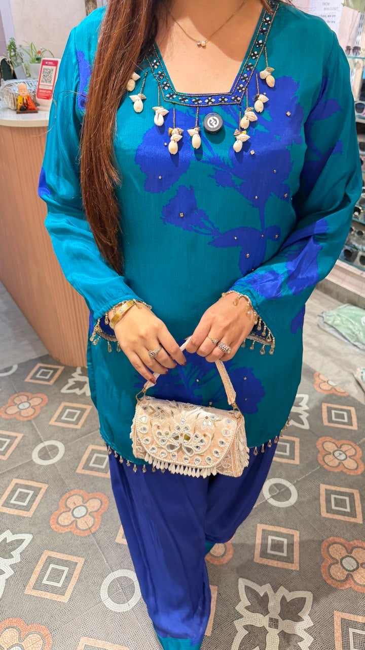Turquoise Blue Printed Short Kurti with Patiala Salwar Set