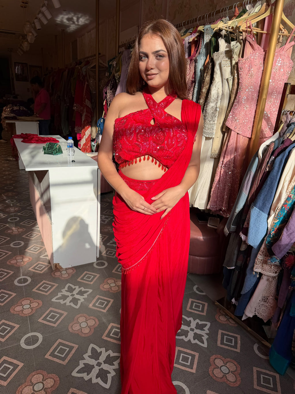 Red Draped Saree with Embellished Halter Crop Blouse