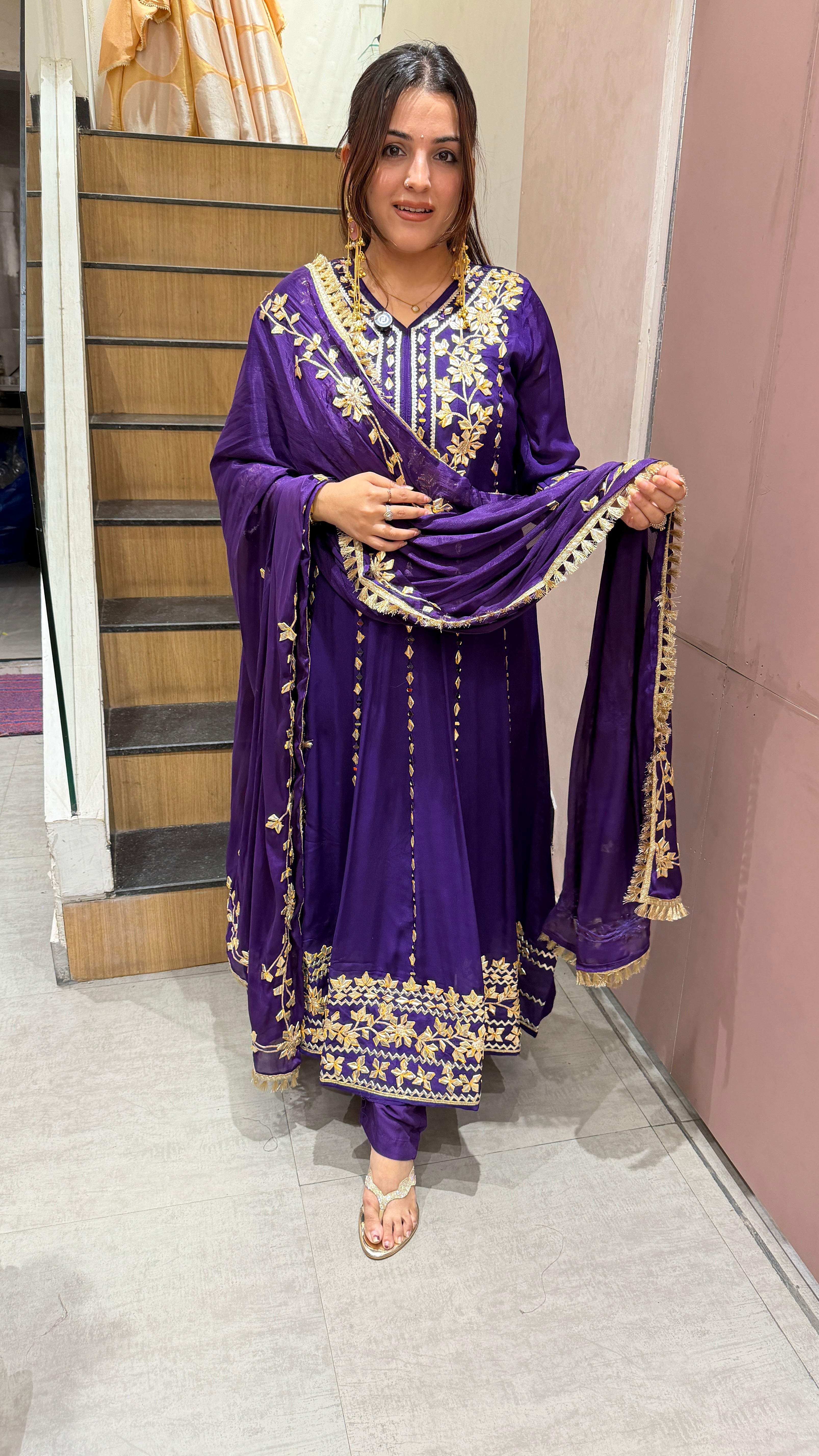 Royal Purple Gota Patti Embroidered Anarkali Suit Set with Dupatta