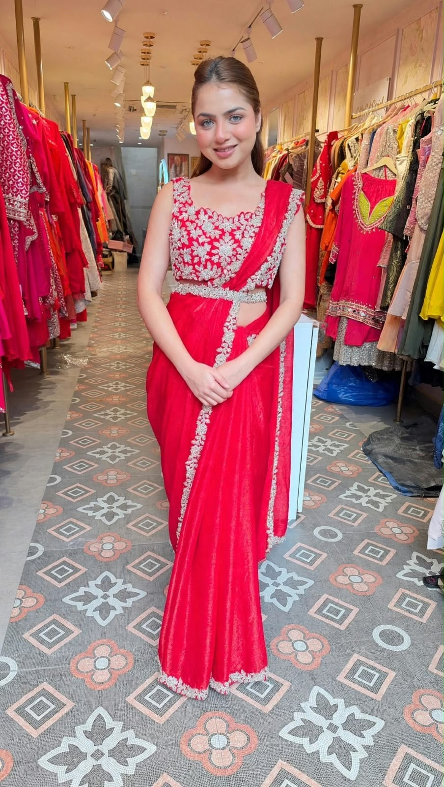 Red Designer Saree Gown with Embroidered Blouse