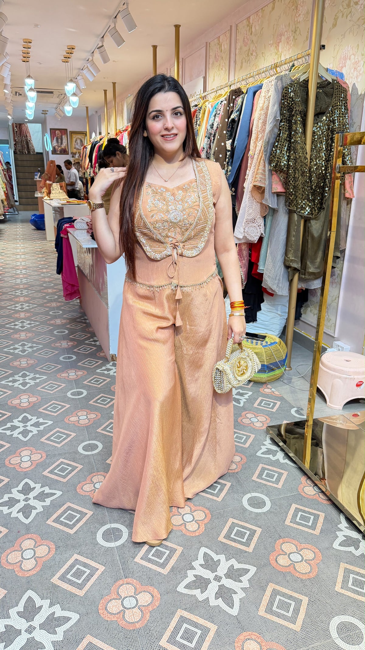 Peach Embroidered Peplum Top with Wide-Leg Palazzo Pants