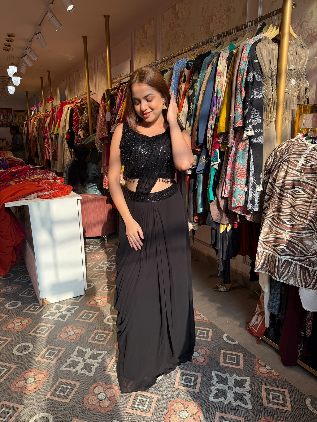 Black Embellished Draped Crop Top with Flared Palazzo Skirt
