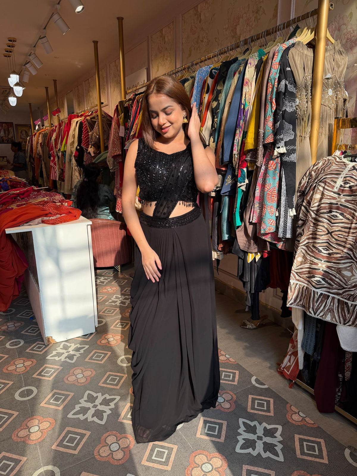 Black Embellished Draped Crop Top with Flared Palazzo Skirt