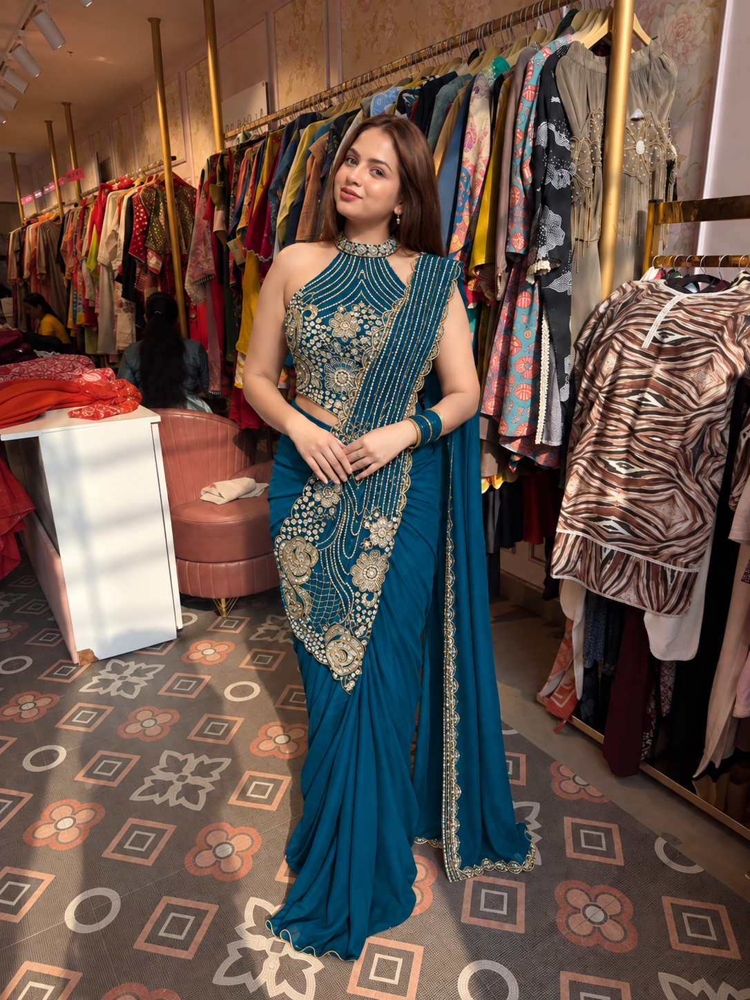 Red Embroidered Pre-Draped Saree with Halter-Neck Blouse