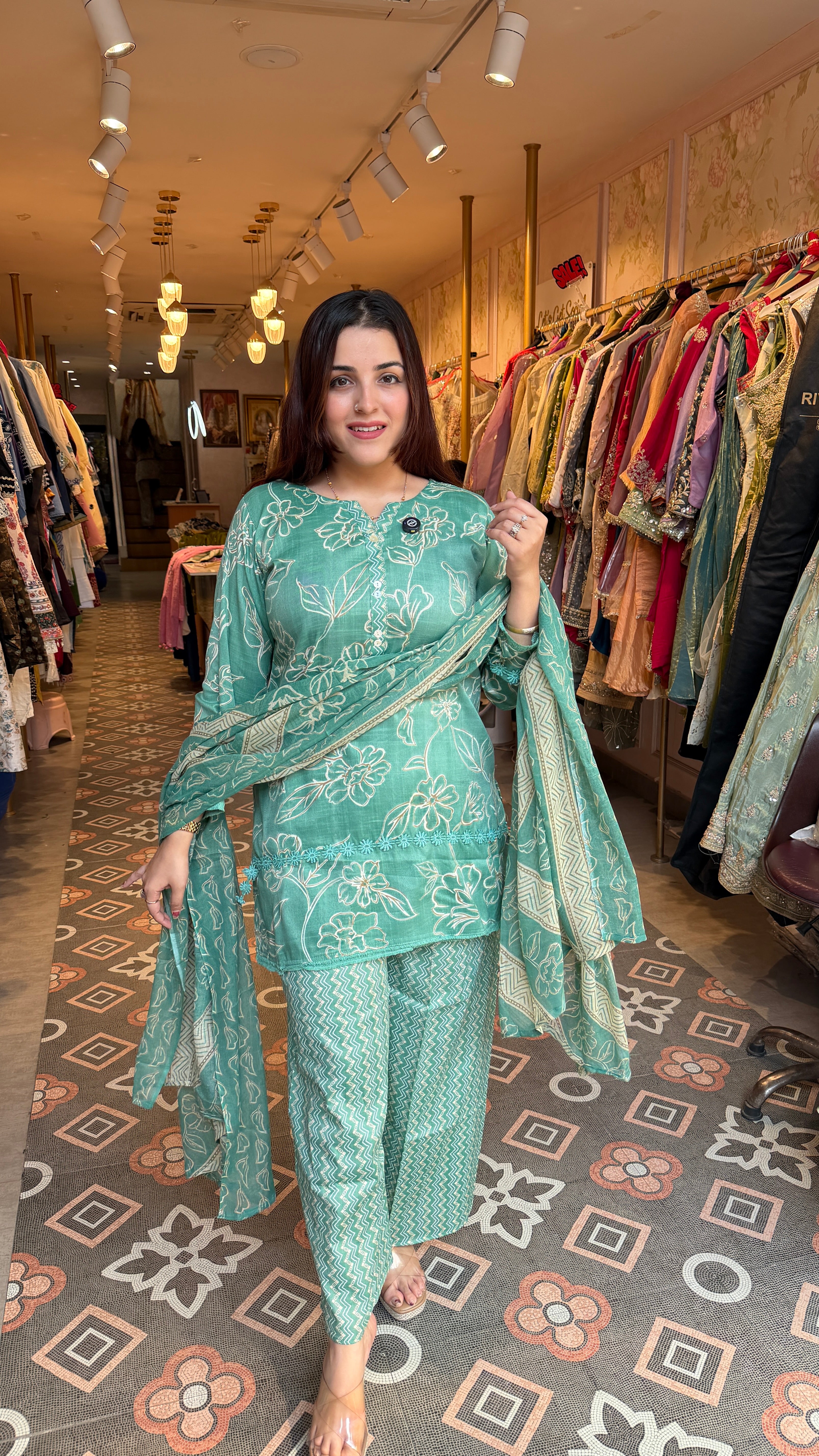 Sea Green Floral Printed Suit Set with Dupatta