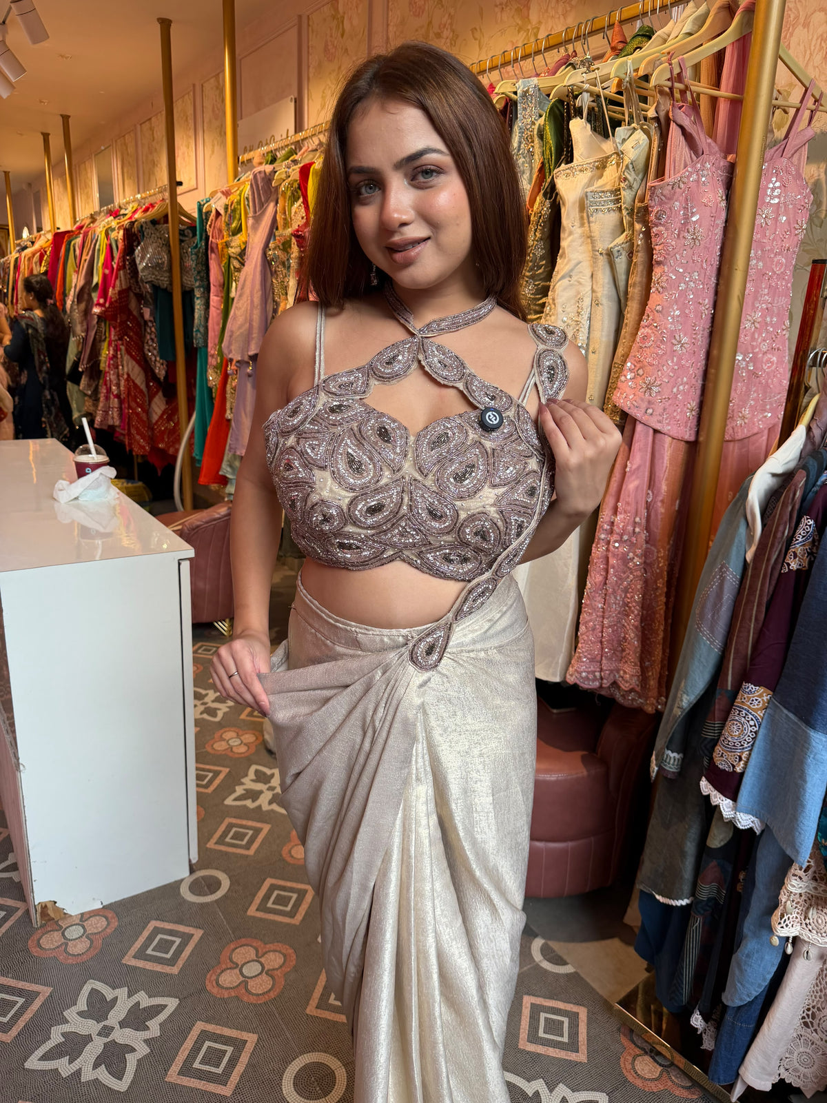 Silver Champagne Draped Saree with Embellished Halter-Neck Blouse